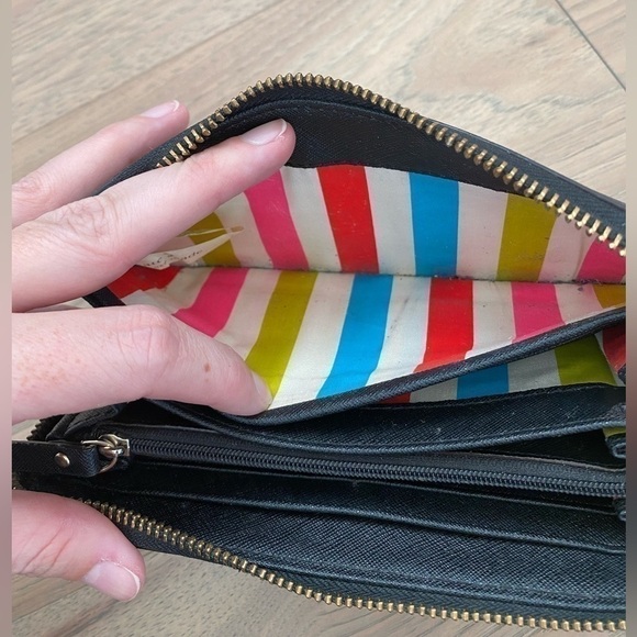 Kate Spade Black Large Continental Zip Around Colorful Striped Interior Wallet - Picture 9 of 16